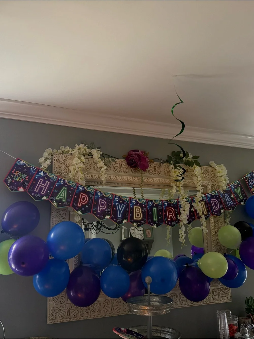 Video Game party decor/ 3-Tier Display Stand (unused) - streamers/banner/cupcake
